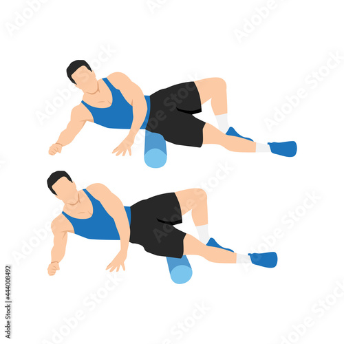 Man doing Foam roller outer thighs stretch exercise. Flat vector illustration isolated on white background