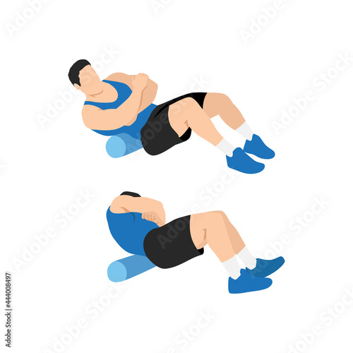 Man doing Foam roller lower back stretch exercise. Flat vector illustration isolated on white background