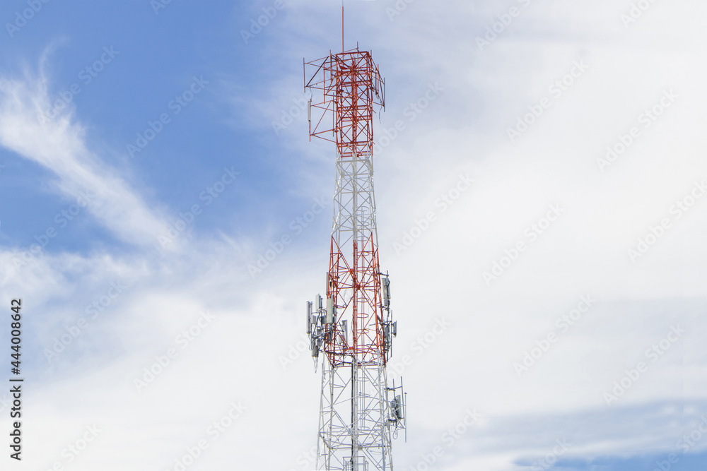 Close-up view of Telecommunication modern technology with 5G,4G cellular network tower or Antenna of Communication Building on city and on white sky cloud background Close-up view of Telecommunication modern technology with 5G,4G cellular network tower or Antenna of Communication Building on city and on white sky cloud background