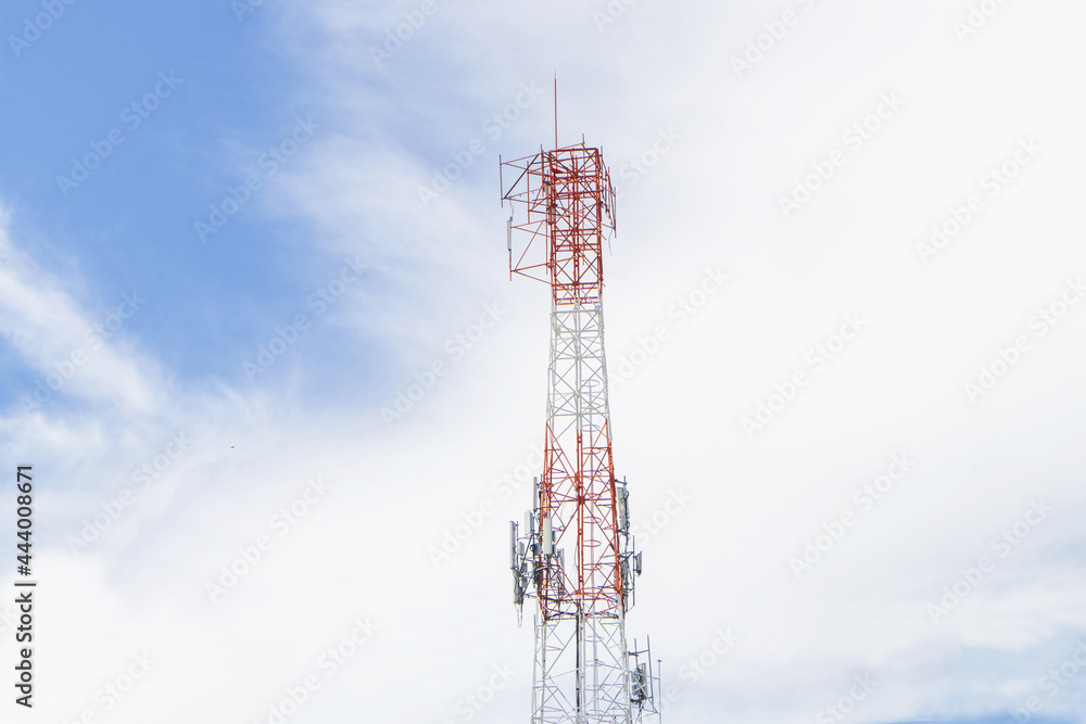 Close-up view of Telecommunication with 5G cellular network tower or Antenna of Communication Building on city and on white sky cloud  background