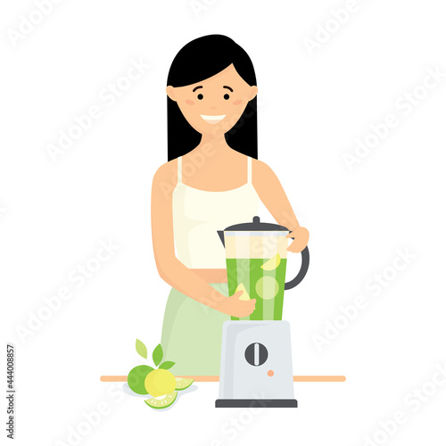 A young smiling girl uses a juicer. Fresh lime smoothie. Flat vector illustration isolated on white background