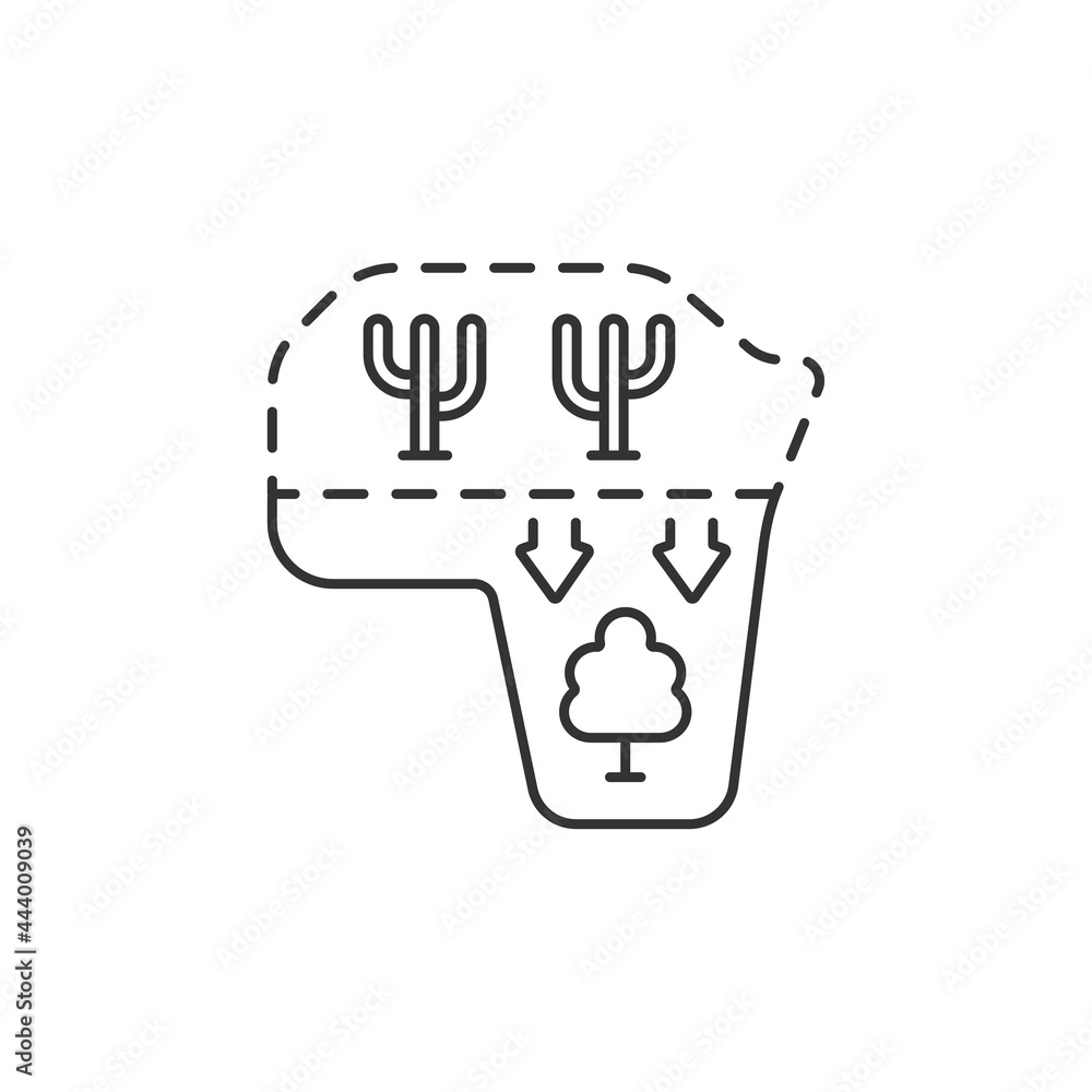 Desert expansion linear icon. Desertification process. High evaporation. Land degradation. Thin line customizable illustration. Contour symbol. Vector isolated outline drawing. Editable stroke Desert expansion linear icon. Desertification process. High evaporation. Land degradation. Thin line customizable illustration. Contour symbol. Vector isolated outline drawing. Editable stroke