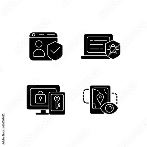 Protecting right to online privacy black glyph icons set on white space. Securing accounts. Antivirus software. Multi-factor authentication. Silhouette symbols. Vector isolated illustration