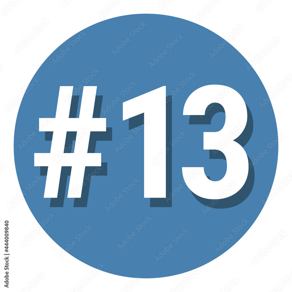 Number 13 thirteen symbol sign in circle, 13th thirteenth count hashtag icon. Simple flat design vector illustration. Number 13 thirteen symbol sign in circle, 13th thirteenth count hashtag icon. Simple flat design vector illustration.