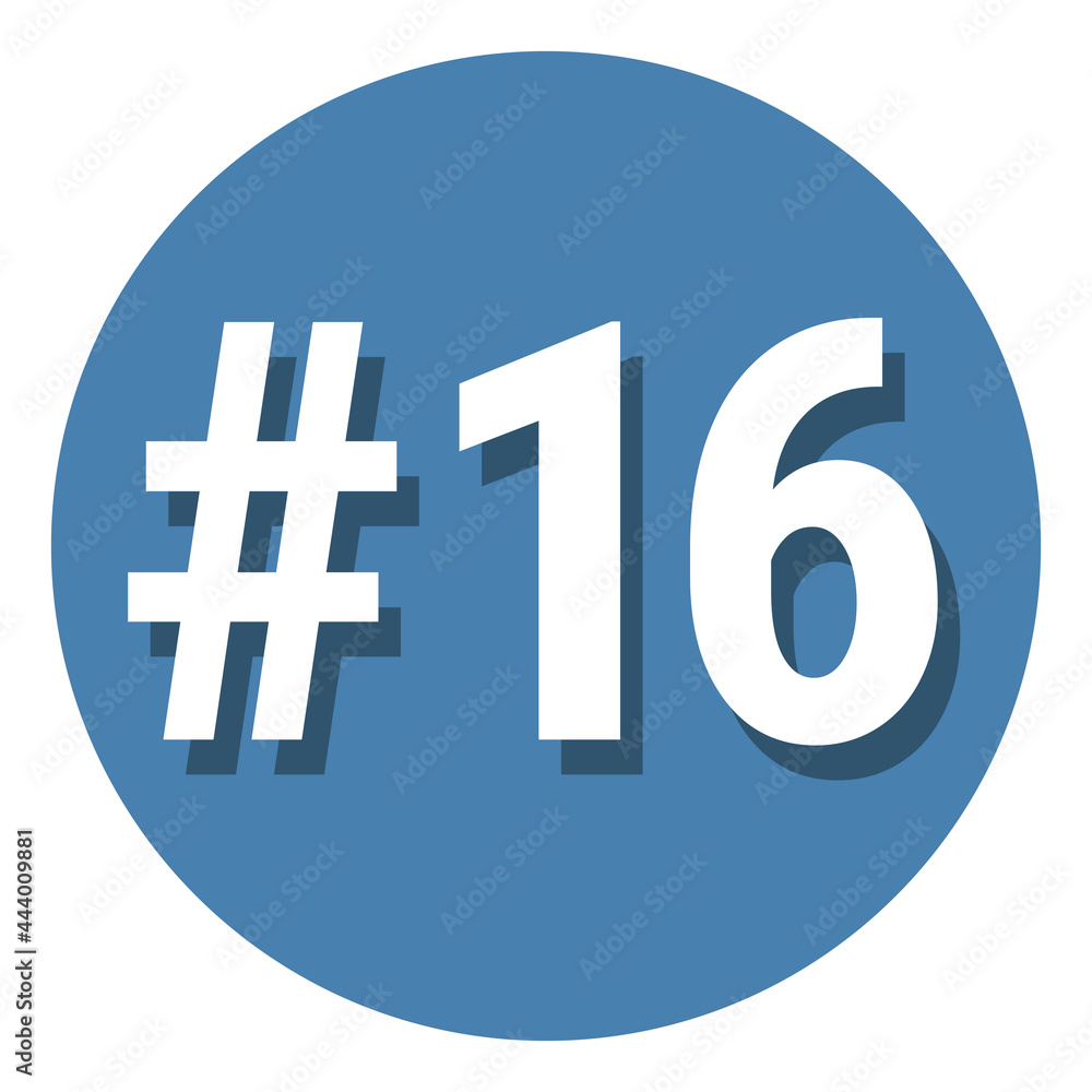 Number 16 sixteen symbol sign in circle, 16th sixteenth count hashtag icon. Simple flat design vector illustration. Number 16 sixteen symbol sign in circle, 16th sixteenth count hashtag icon. Simple flat design vector illustration.