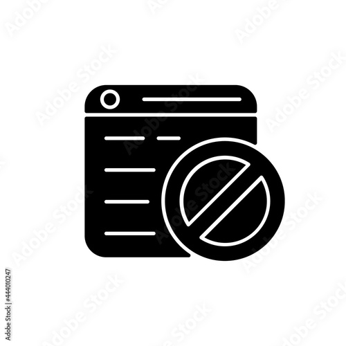 Website blocking black glyph icon. Restrict access to site resources. Internet censorship. Block obscene content. Unwanted info removal. Silhouette symbol on white space. Vector isolated illustration
