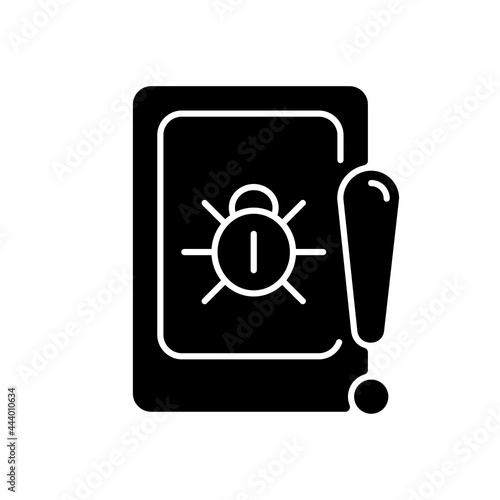 Cell phone bugging black glyph icon. Tracking mobile device secretly. Smartphone surveillance. Record conversations. Unauthorized access. Silhouette symbol on white space. Vector isolated illustration
