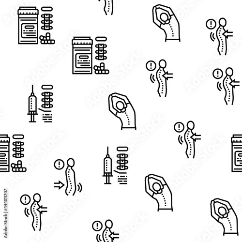 Scoliosis Disease Collection Icons Set Vector. Corset And Surgery Medical Operation For Treatment Kyphosis And Scoliosis Health Problem Black Contour Illustrations