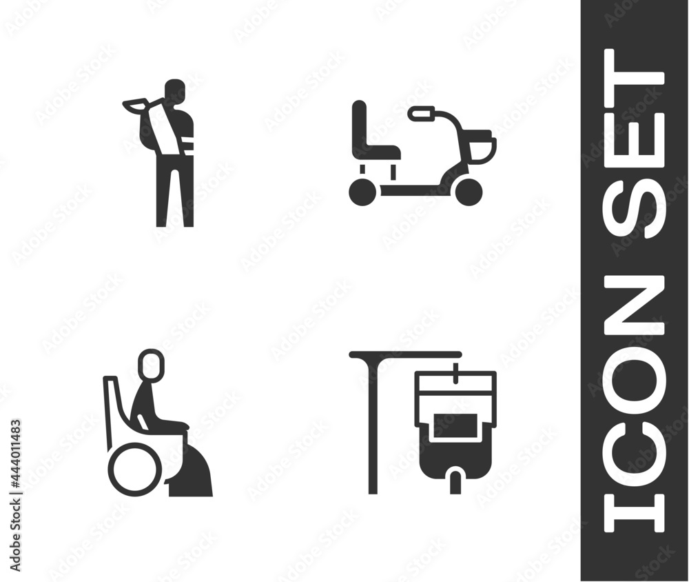 Set IV bag, Human broken arm, Woman in wheelchair and Electric icon. Vector Set IV bag, Human broken arm, Woman in wheelchair and Electric icon. Vector