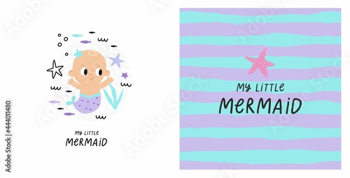 Cute cartoon little baby girl mermaid. Awesome print for mermaid party