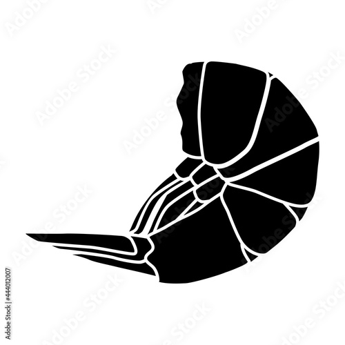 The shrimp tail icon. Delicious and healthy delicatessen seafood. Black silhouette of a crustacean isolated on a white background. Vector illustration for design and web.