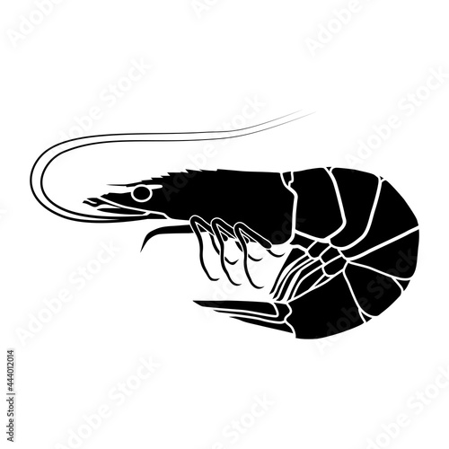 The shrimp icon. Delicious and healthy delicatessen seafood. Black silhouette of a crustacean isolated on a white background. Vector illustration for design and web.