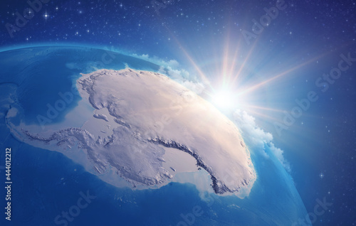 Sunrise through clouds, upon a high detailed satellite view of Planet Earth, focused on South Pole, Antarctic. 3D illustration - Elements of this image furnished by NASA photo