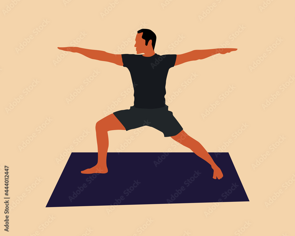 man doing yoga at home. Illustration with Warrior Pose. man doing yoga at home. Illustration with Warrior Pose.