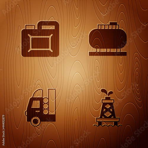 Set Oil rig, Canister for motor oil, Gas tank vehicle and storage on wooden background. Vector