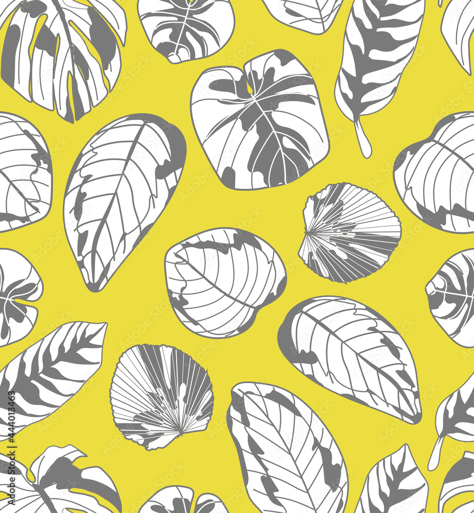 Seamless pattern in color of the year 2021 with tropical leaves and hand-drawn blotches and marker strokes. Seamless pattern in color of the year 2021 with tropical leaves and hand-drawn blotches and marker strokes.