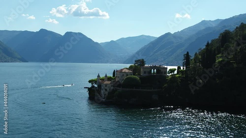 Aerial Drone Footage View Of Balbianello manor house in Como’s lakes, Lecco lake, House on bay ,in Lombardia Italy Europe Alps // no video editing
