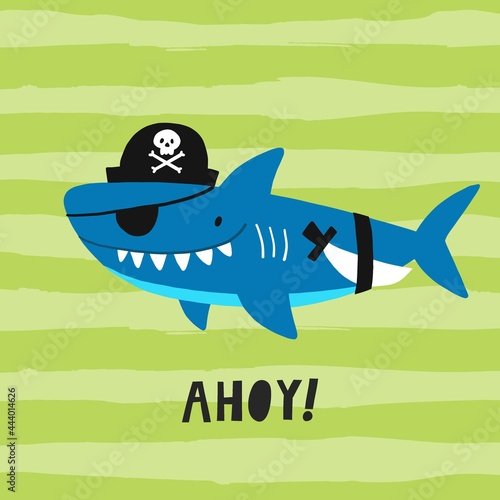 Pirate party - vector print fo kids birthday. Cute animals pirate set. . Cartoon character - octopus, shark, jellyfish, starfish, seahorse, fish, crab