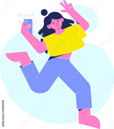 Young female blogger dancing and filming herself on phone camera. Flat style modern outlined vector illustration.