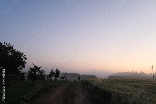 silhouette of a man walking in a scenic countryside landscape at sunrise © paralisart