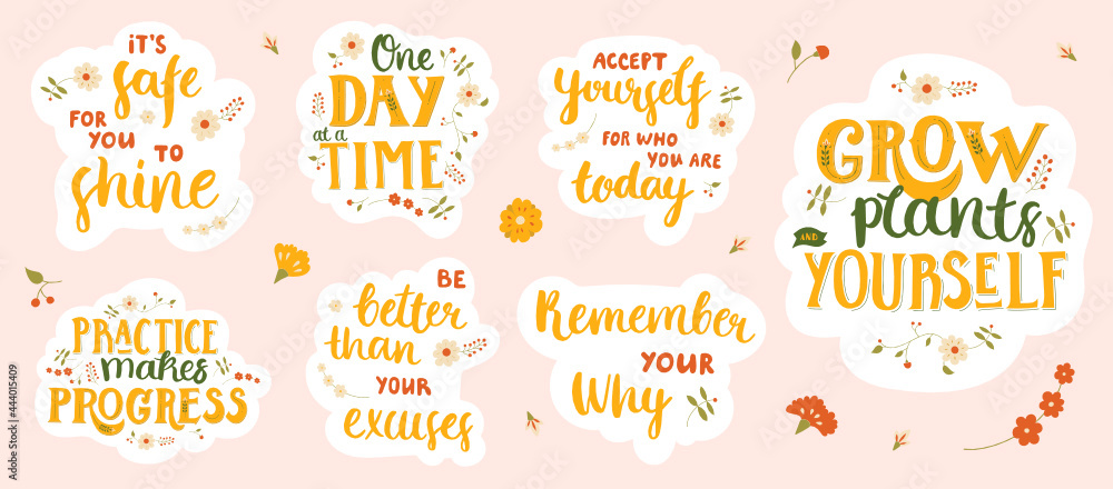 Set of stickers with motivational and inspirational lettering. Collection of hand-drawn designs in worm colors.  - obrazy, fototapety, plakaty 