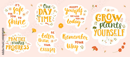 Set of stickers with motivational and inspirational lettering. Collection of hand-drawn designs in worm colors. 