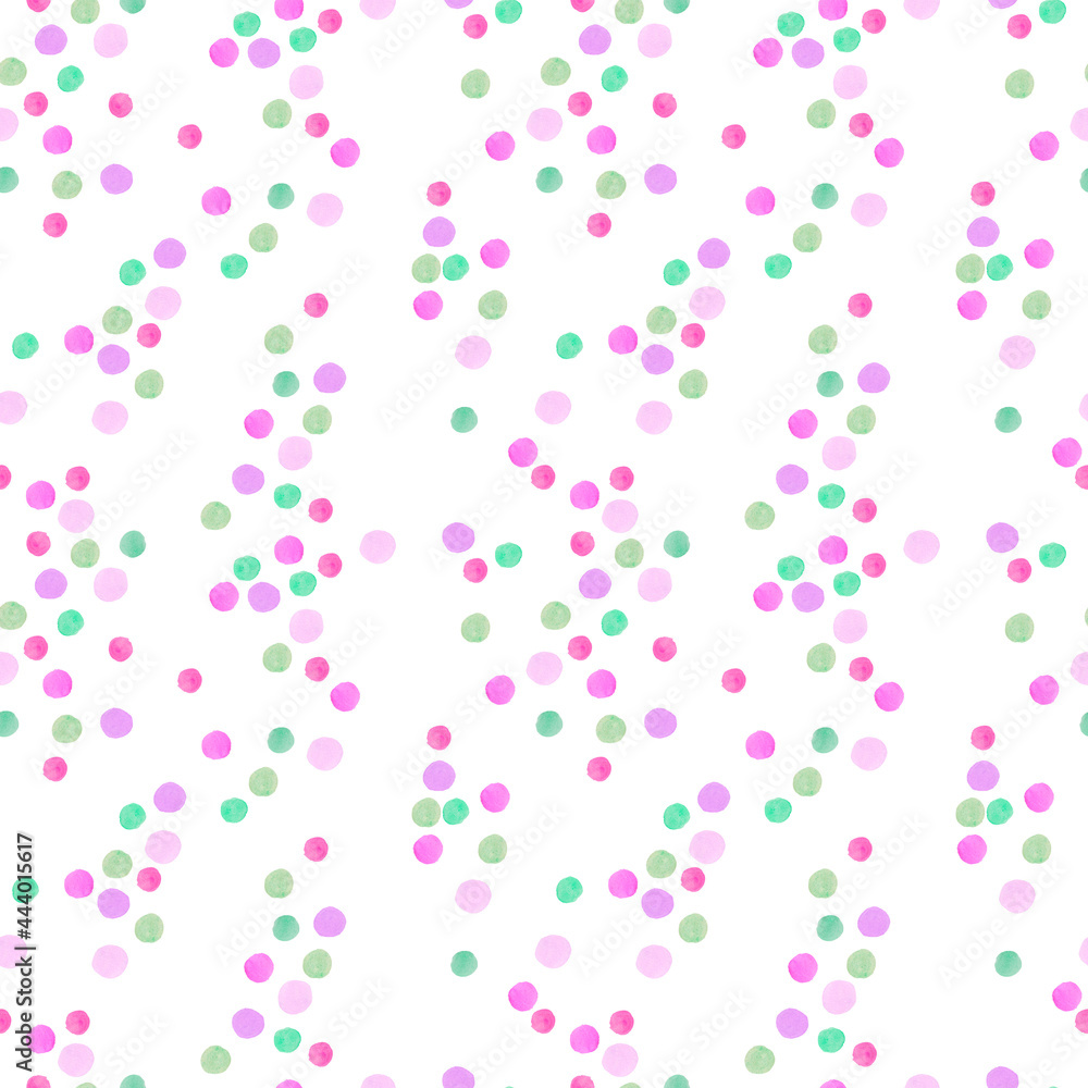 Watercolor seamless polka dot pattern on white isolated background.  Abstract and textural print on white isolated hand drawn background. Designs for textiles, wrapping paper, fabric, packaging.