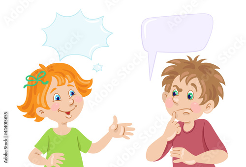 Conversation between a puzzled boy and a cheerful girl. Cartoon style picture with dialog boxes. Place for your text. Isolated on white background. Vector flat illustration.