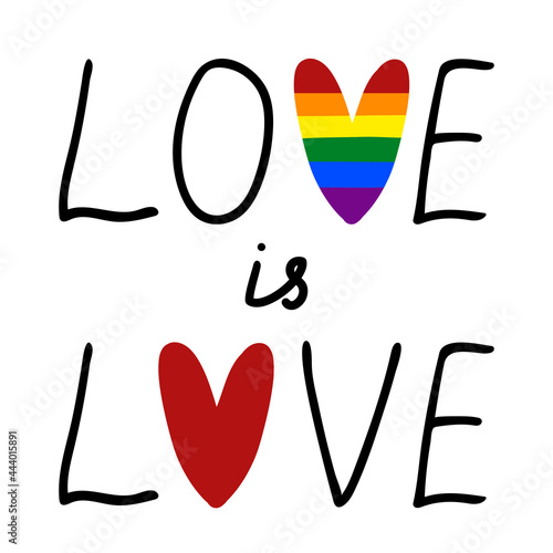 Love lettering with pride rainbow heart. LGBT Pride Month vector illustration. Rainbow love, human rights and tolerance concept. Poster, card, background.