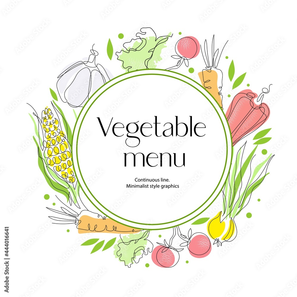 Vegetables are drawn with a single line. Round composition. Vegetarian menu.