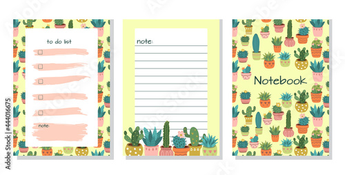 Template for to-do list, schedule, organizer or notebook with cover. Set of agenda blank lists for daily planning with colorful cactus illustrations. Vector illustration in doodle style.