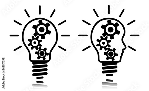 Idea lightbulb set illustration on white background. Regular and head shaped bulb design with gear wheels. Business concept bulb to use in idea, teamwork, innovation, startegy projects.