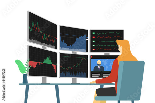 Stock market female trader at workplace looking at multiple computer screens with financial chart, diagram and graph. Business index analysis concept. Broker exchange trading vector eps illustration