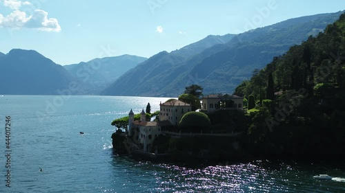 Aerial Drone Footage View Of Balbianello manor house in Como’s lakes, Lecco lake, House on bay ,in Lombardia Italy Europe Alps // no video editing
