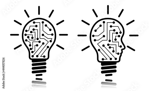 Idea lightbulb set illustration on white background. Regular and head shaped bulb with circuit board design. Business concept bulb to use in idea, teamwork, innovation, startegy projects.