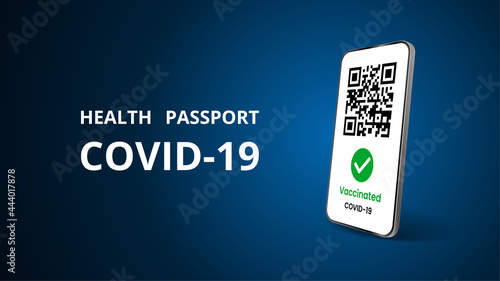 Realistic mobile phone with covid 19 vaccination certificates. Template for tourist electronic passports without coronavirus. Dark background. Mockup. Isolated 3d vector