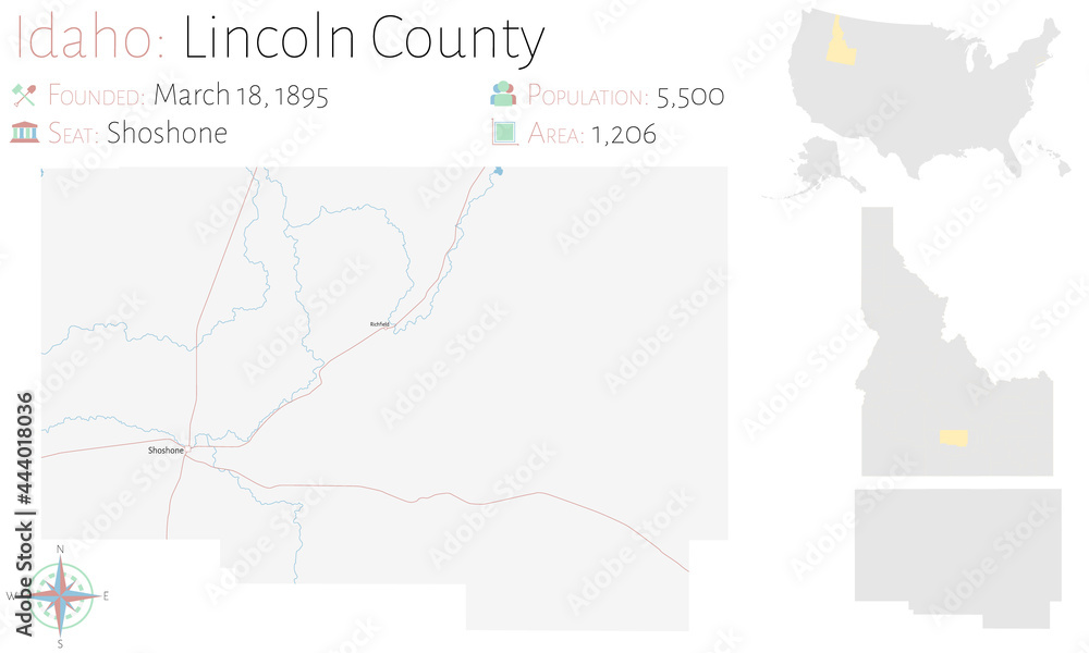 Large and detailed map of Lincoln county in Idaho, USA.