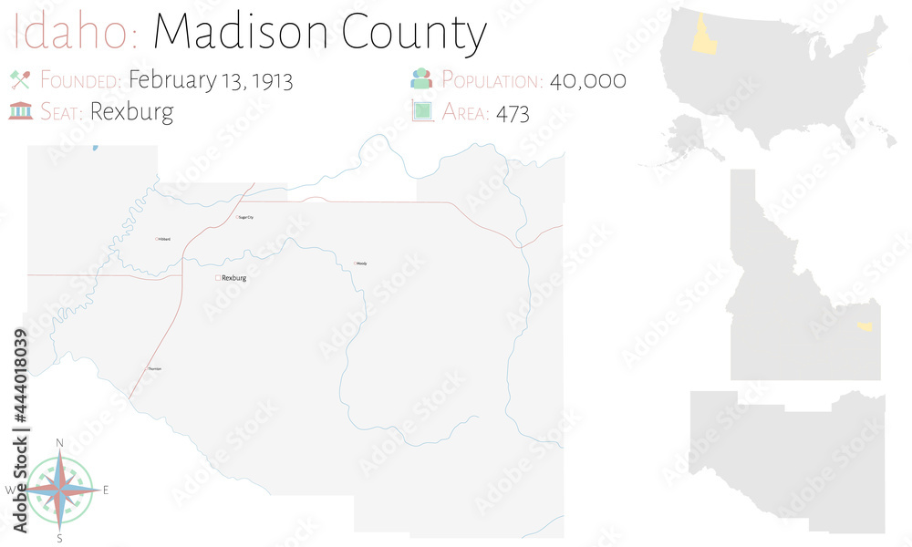 Large and detailed map of Madison county in Idaho, USA.