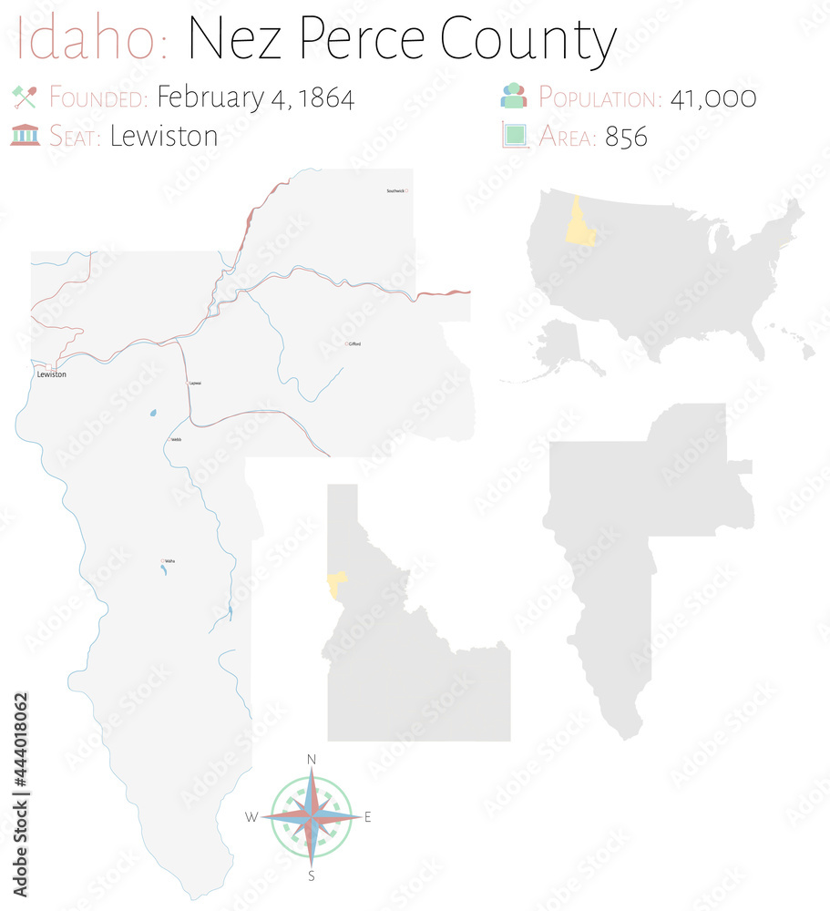 Large and detailed map of Nez Perce county in Idaho, USA.