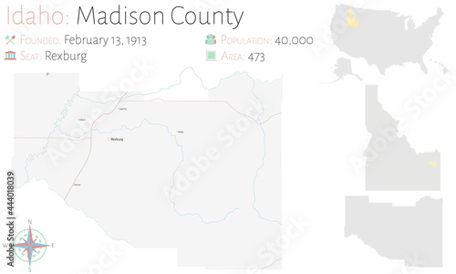 Fototapeta Naklejka Na Ścianę i Meble -  Large and detailed map of Madison county in Idaho, USA.