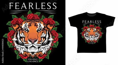 Illustration of Tiger Head and Roses vector t-shirt design concept.