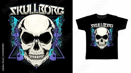 Illustration of Mechanical Skull with War Armor vector t-shirt design concept.