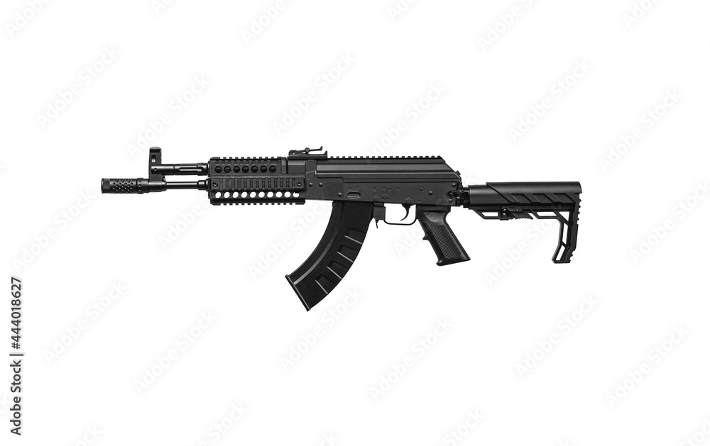 A pneumatic copy of a Russian machine gun. Modern airsoft weapons. Isolate on a white background.