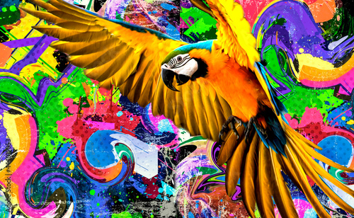 abstract colored parrot with colorful paint splashes on background