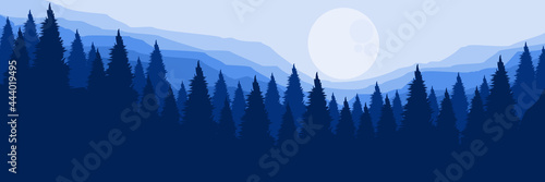 blue forest mountain landscape vector illustration for background template, backdrop design, wallpaper, and design template