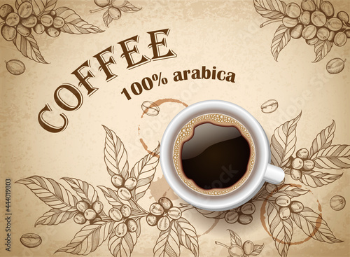 Coffee cup and coffee beans.