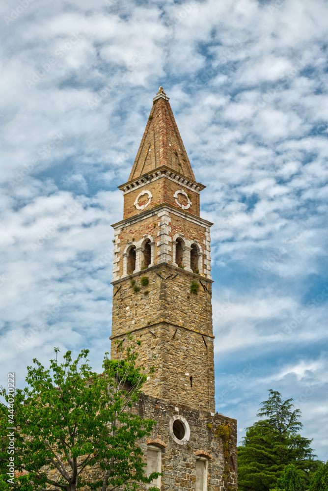 Portoroz old church tower “Cerkev sv Bernardina” cloudy weather HDR in Slovenia Europe