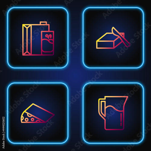 Set line Milk jug or pitcher, Cheese, Paper package for milk and Butter in butter dish. Gradient color icons. Vector