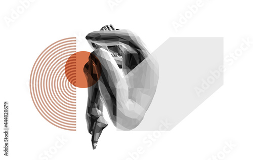 Full length view of sad stressed man sitting with hands behind head. Time for reflection. Man thinks about a problem. Despair, depression, hopelessness or addiction concept. 3D vector illustration.