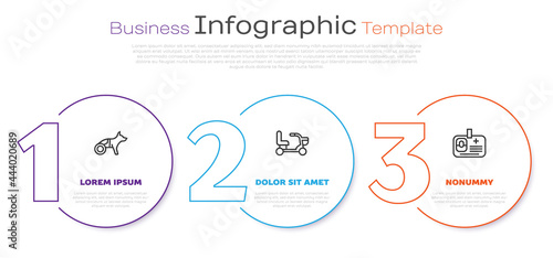Set line Dog in wheelchair, Electric and Identification badge. Business infographic template. Vector